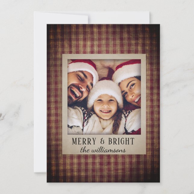 Rustic Country Plaid Homespun Family Photo  Holiday Card (Front)