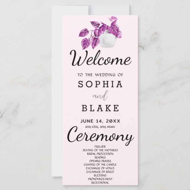 Rustic Country Plant Leaves Purple Wedding Program (Front)