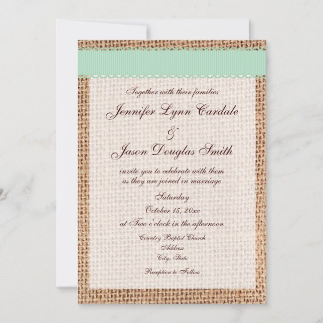 Rustic Country Printed Burlap Sage Ribbon Wedding Invitation (Front)