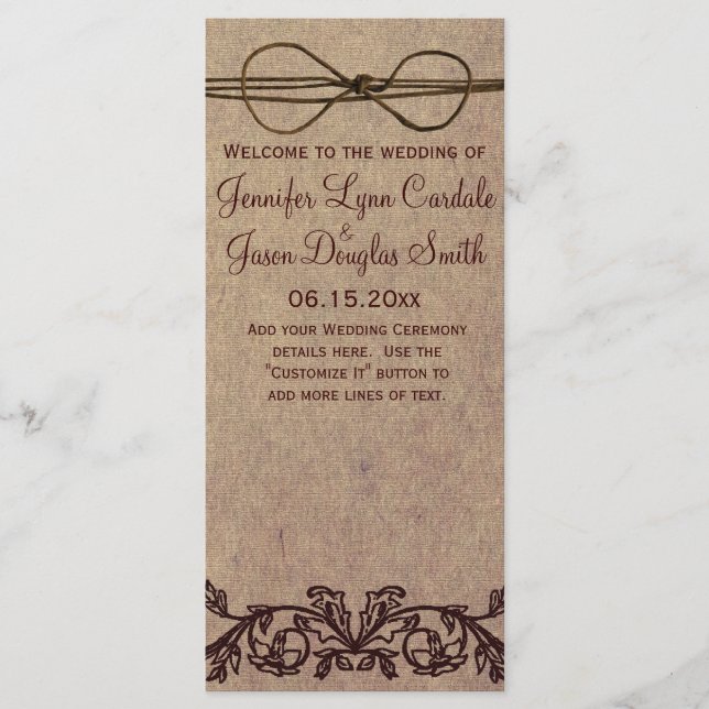 Rustic Country Printed Twine Bow Wedding Program Programme (Front)