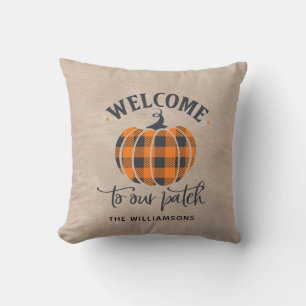 Rustic Country Pumpkin Fall Family Name Cushion