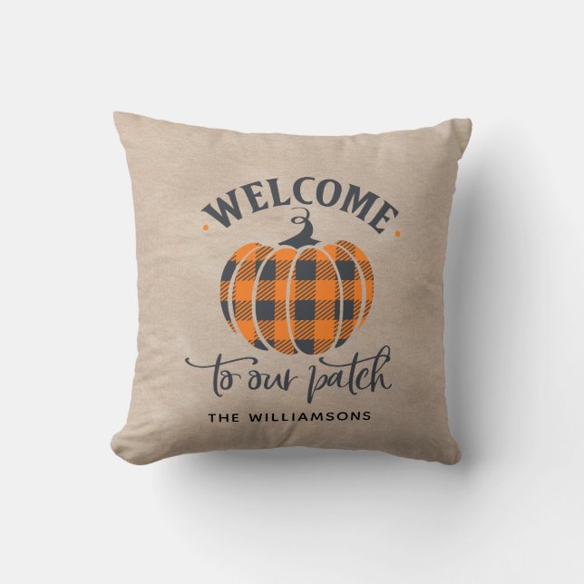 Rustic Country Pumpkin Fall Family Name  Cushion (Front)