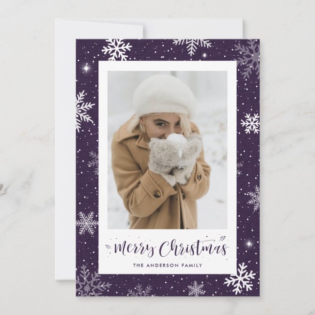 Rustic Country Purple Burlap Photo Christmas Cards (Front)