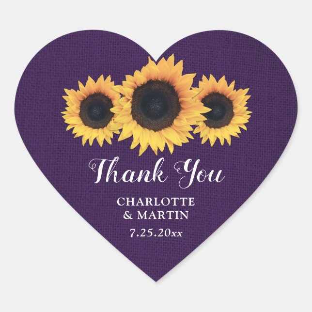 Rustic Country Purple Burlap Sunflower Thank You Heart Sticker (Front)