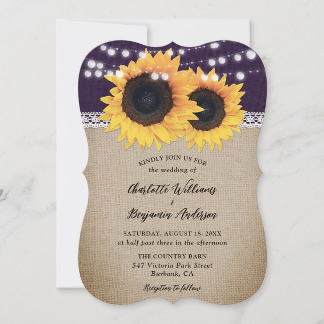 Rustic Country Purple Burlap Sunflower Wedding Invitation (Front)
