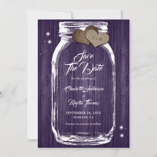Rustic Country Purple Mason Jar Wedding Save The Date (Front)