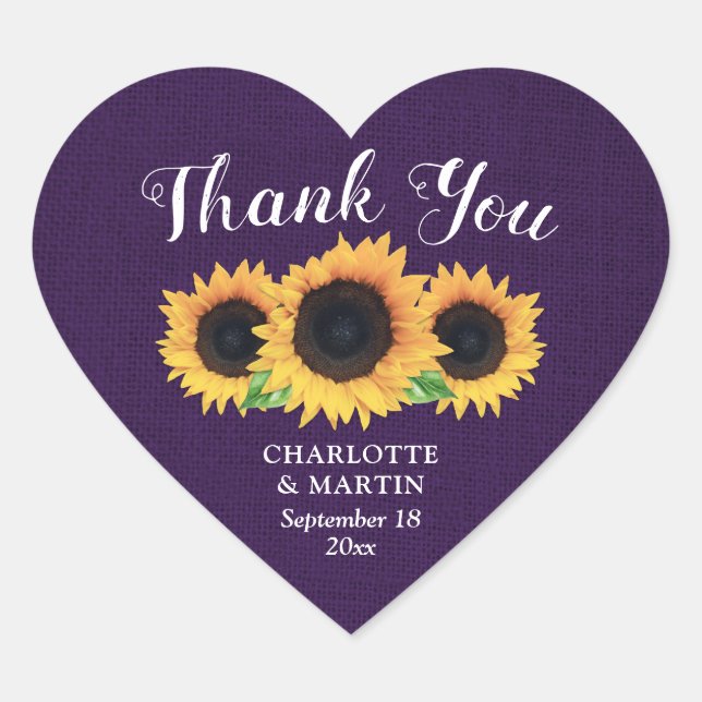 Rustic Country Purple Sunflower Wedding Thank You Heart Sticker (Front)