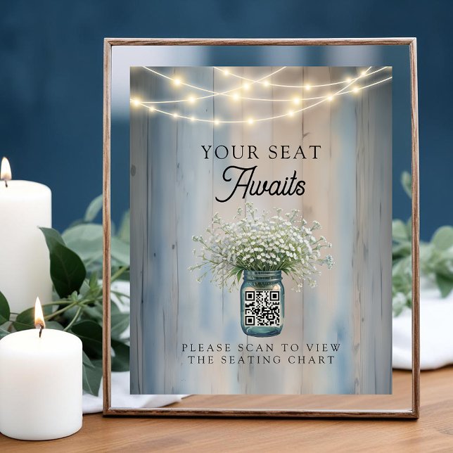 Rustic Country QR Code Wedding Seating Chart Sign (Your Seat Awaits)
