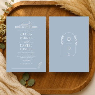 Rustic Country Ranch Line Art Dusty Blue Wedding Invitation