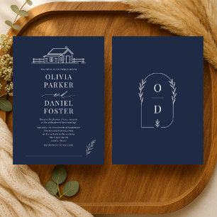 Rustic Country Ranch Line Art Navy Blue Wedding Invitation