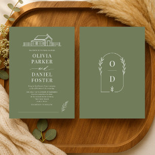 Rustic Country Ranch Line Art Olive Green Wedding Invitation
