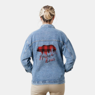 Rustic Country Red and Black Plaid Mama Bear Denim Jacket