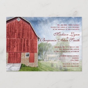 Rustic Country Red Barn Farm Wedding Invitations