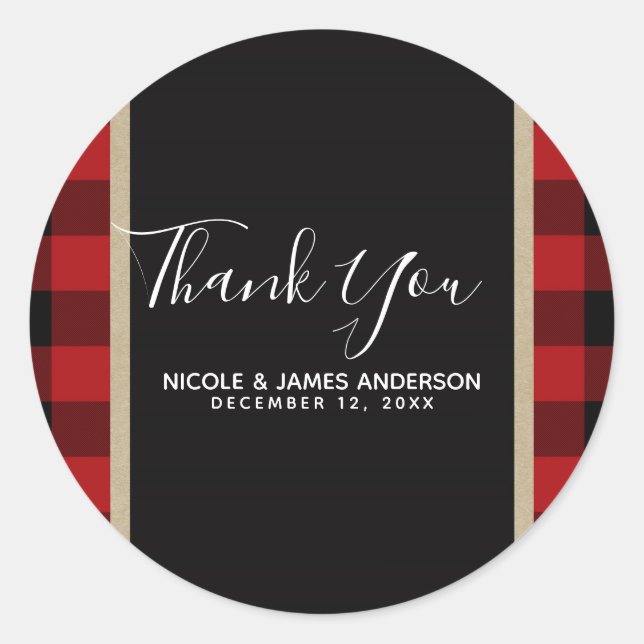 Rustic Country Red Black Buffalo Plaid Modern Classic Round Sticker (Front)