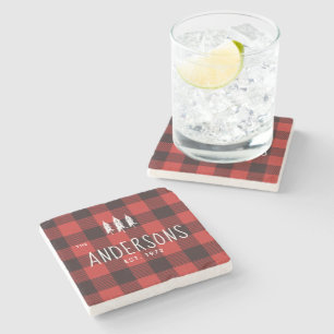 Rustic Country Red & Black Flannel Monogram Stone Coaster