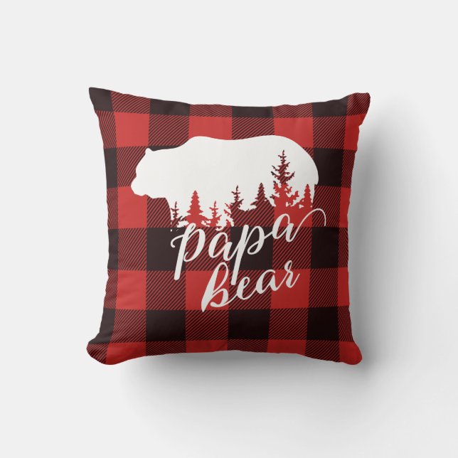 Rustic Country Red & Black Flannel Papa Bear Cushion (Front)