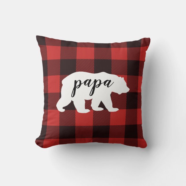 Rustic Country Red & Black Flannel Papa Bear Cushion (Front)