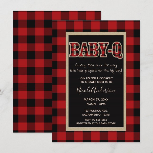 Rustic Country Red Buffalo Plaid BABY Q BBQ Shower Invitation (Front/Back)