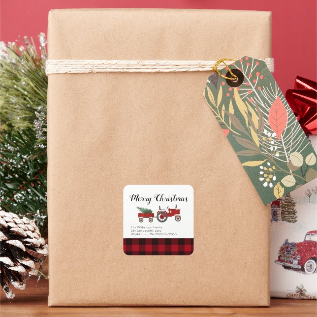 Rustic Country Red Buffalo Plaid Christmas Round   Square Sticker (Holiday)