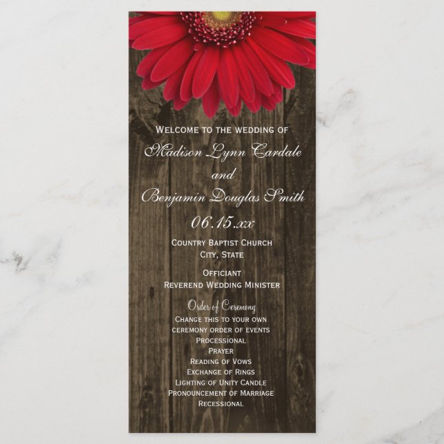 Rustic Country Red Daisy Wedding Programs Programme (Front)