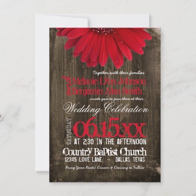 Rustic Country Red Daisy Wood Wedding Invitations (Front)