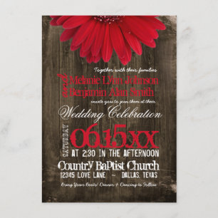 Rustic Country Red Daisy Wood Wedding Invitations