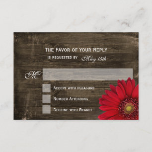 Rustic Country Red Daisy Wood Wedding RSVP Cards