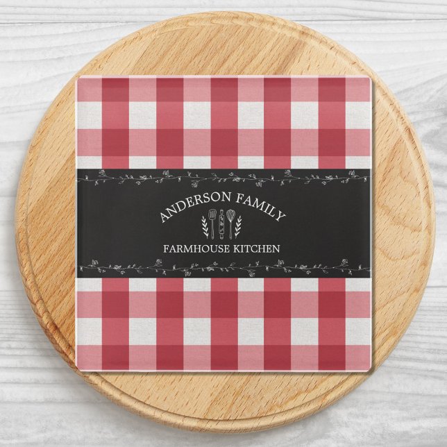 Rustic Country Red Gingham Black Chalkboard Glass Coaster (Close up)