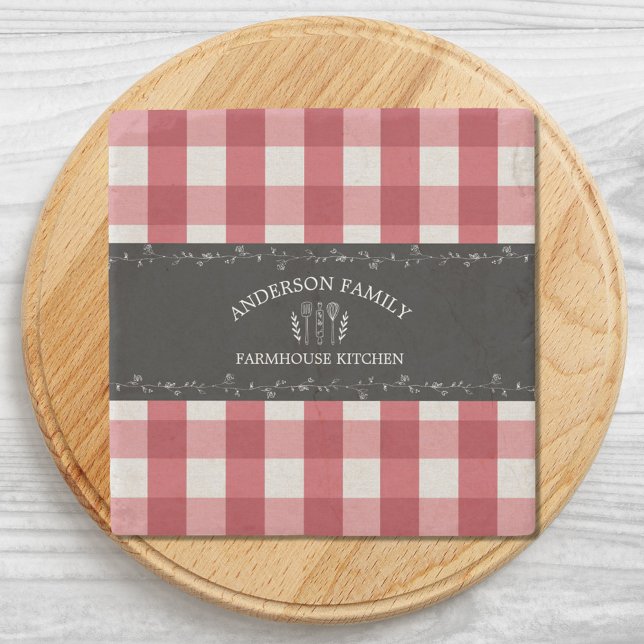 Rustic Country Red Gingham Black Chalkboard Stone Coaster (Close up)