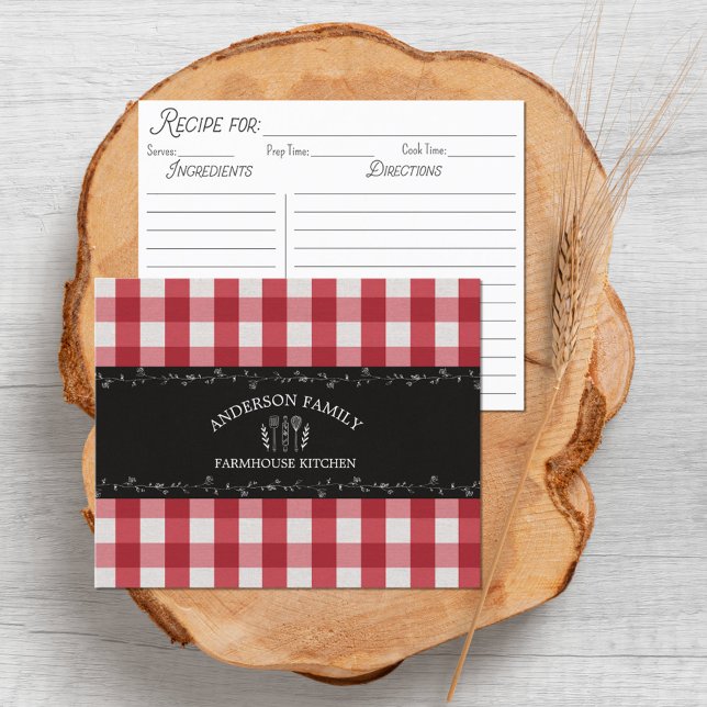 Rustic Country Red Gingham Family Recipe Card (Front and back)