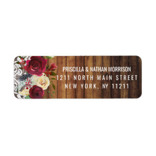 Rustic Country Red Ivory Floral Lace Wood Address