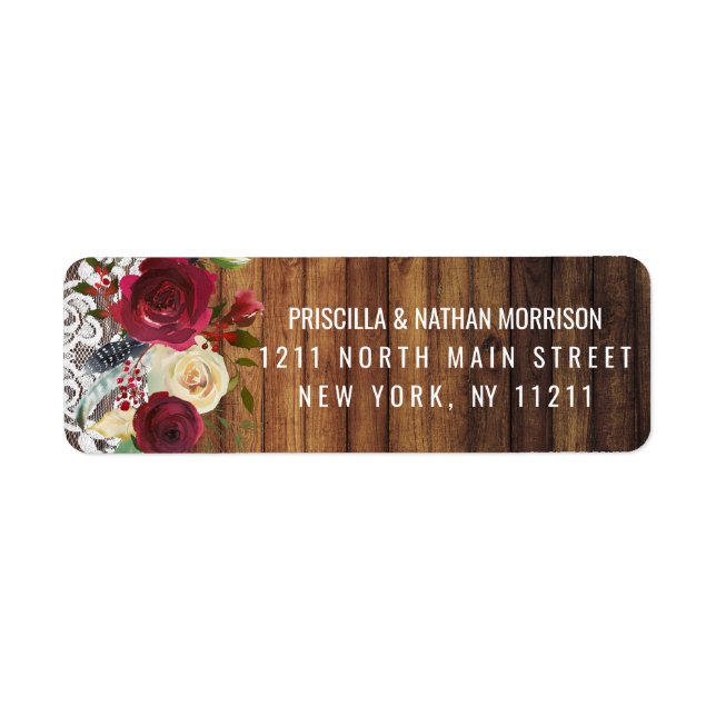 Rustic Country Red Ivory Floral Lace Wood Address (Front)