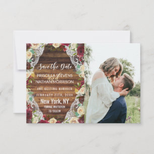 Rustic Country Red Ivory Floral Lace Wood Save The Date