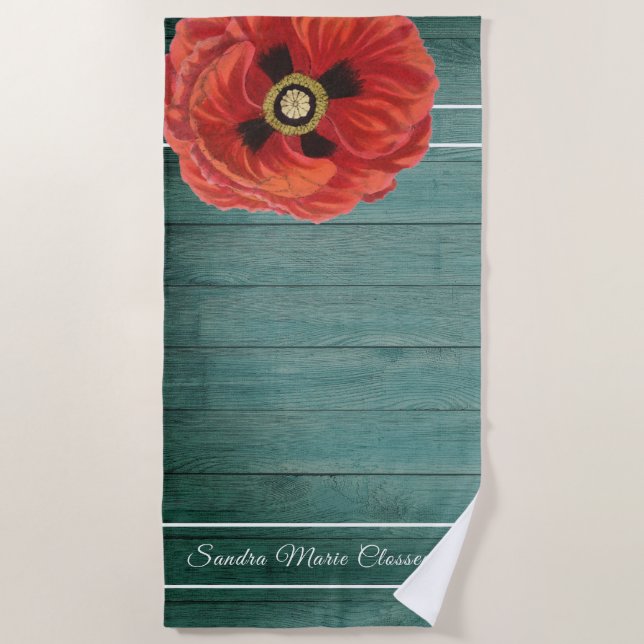 Rustic Country Red Poppy  Brown Wood  Beach Towel (Front)