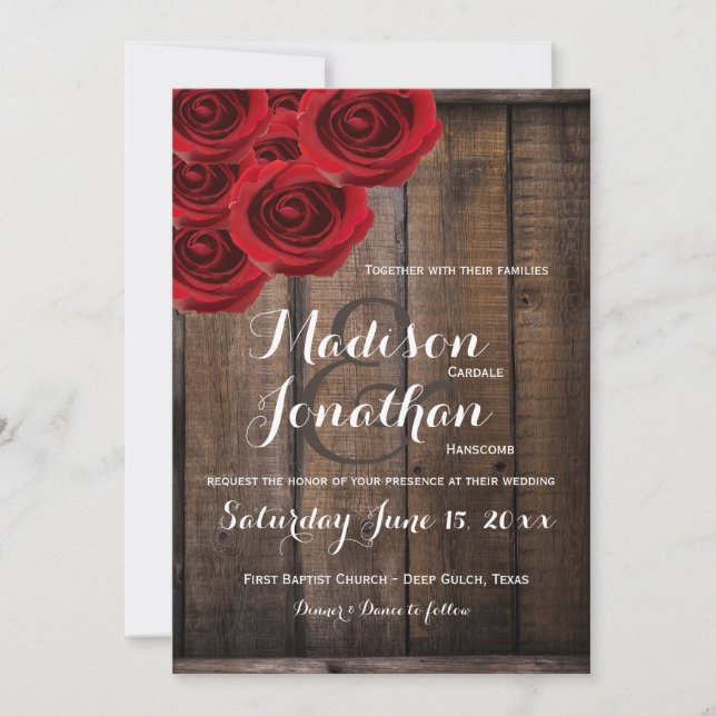 Rustic Country Red Roses Wood Wedding Invitations (Front)
