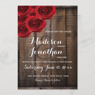 Rustic Country Red Roses Wood Wedding Invitations