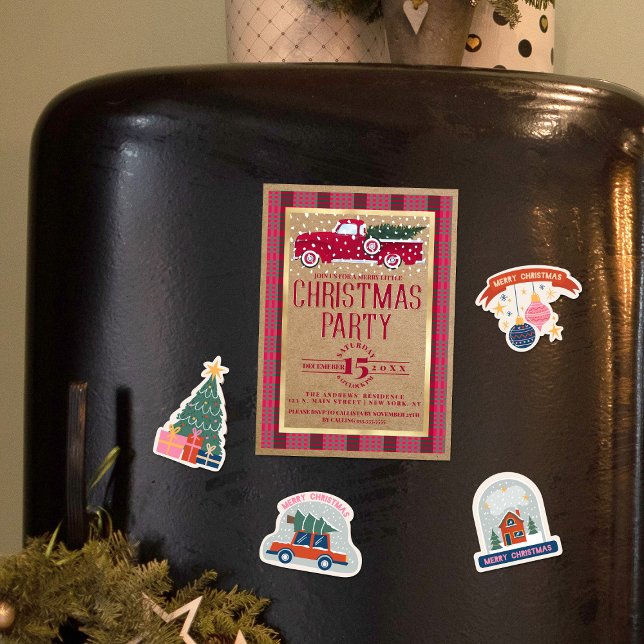 Rustic Country Red Truck Flannel Christmas Party Magnetic Invitation (Creator Uploaded)