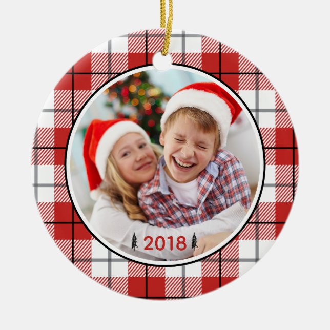 Rustic Country Red White & Black Flannel Pattern Ceramic Tree Decoration (Front)