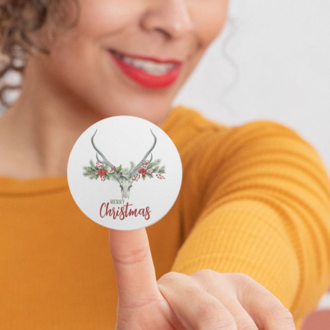 Rustic Country Reindeer Skull & Garland Christmas Classic Round Sticker (Creator Uploaded)