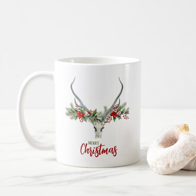 Rustic Country Reindeer Skull & Garland Christmas Coffee Mug (With Donut)