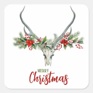 Rustic Country Reindeer Skull & Garland Christmas Square Sticker