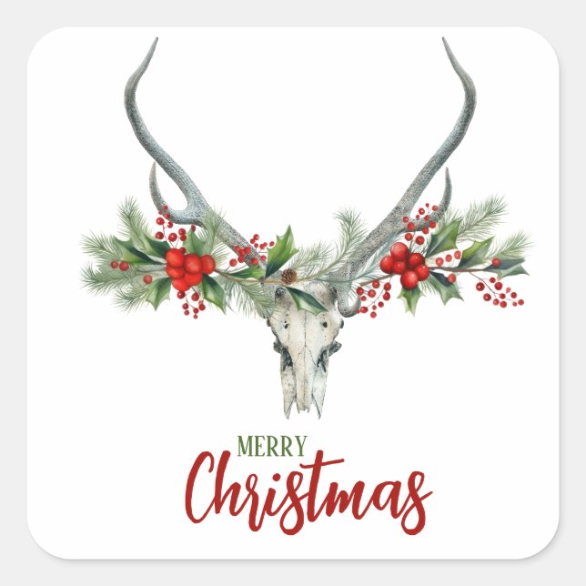 Rustic Country Reindeer Skull & Garland Christmas Square Sticker (Front)