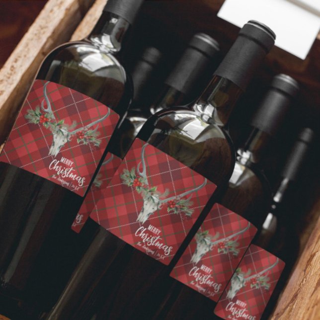 Rustic Country Reindeer Skull & Garland Christmas Wine Label (Creator Uploaded)