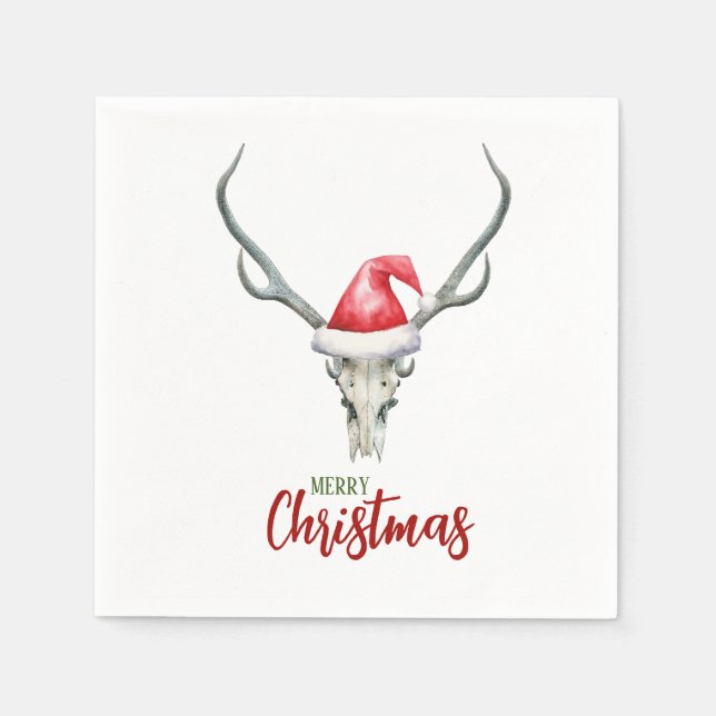 Rustic Country Reindeer Skull & Santa Ha Christmas Napkin (Front)