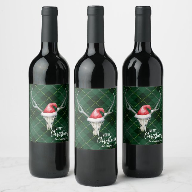 Rustic Country Reindeer Skull & Santa Ha Christmas Wine Label (Bottles)