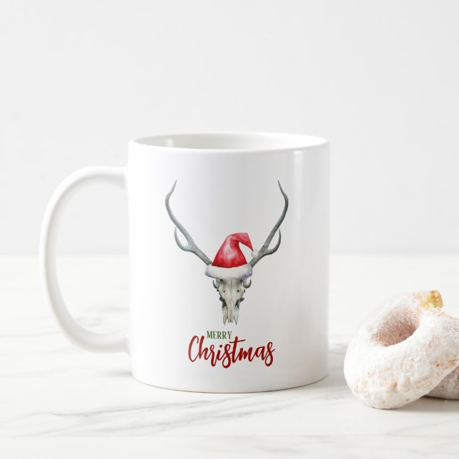 Rustic Country Reindeer Skull Santa Hat Christmas Coffee Mug (With Donut)
