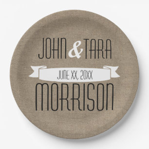 Rustic Country Ribbon Banner Couple's Name Paper Plate