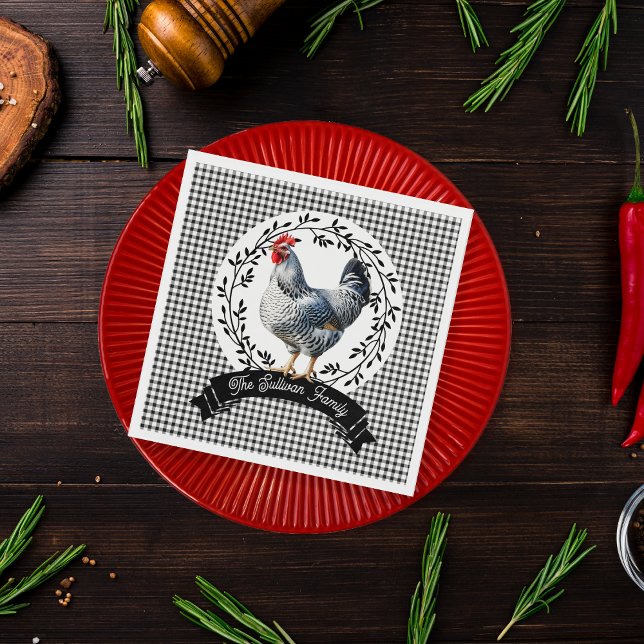 Rustic Country Rooster Chicken BW Gingham Checks Napkin (Rustic Country Rooster Chicken Black and White Gingham Checks Family Name Script Text Paper Napkins)