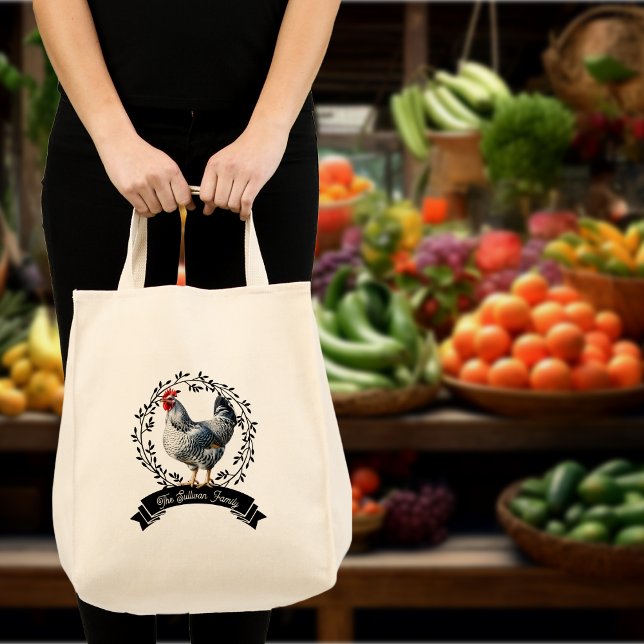 Rustic Country Rooster Chicken  Tote Bag (Rustic Country Rooster Chicken Black and White  Farm Family Name Grocery Tote Bag)