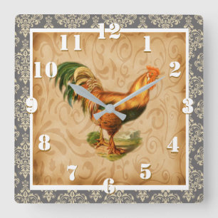 Rustic Country Rooster Elegant Damask Ornate Square Wall Clock